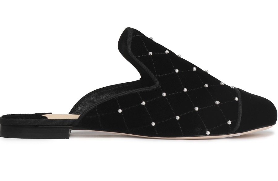 ISA TAPIA Faux pearl-embellished quilteds velvet slippers