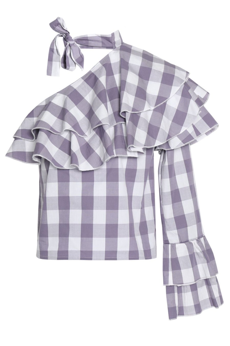 W118 BY WALTER BAKER One-shoulder ruffled gingham cotton-poplin top