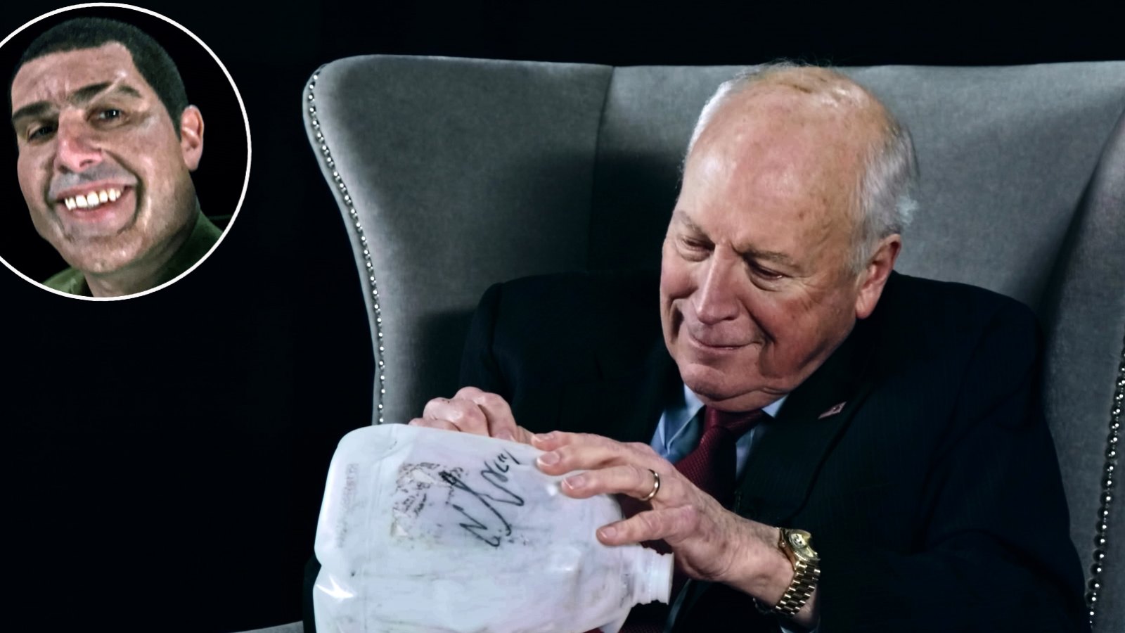 Dick Cheney in a still from WHO IS AMERICA?