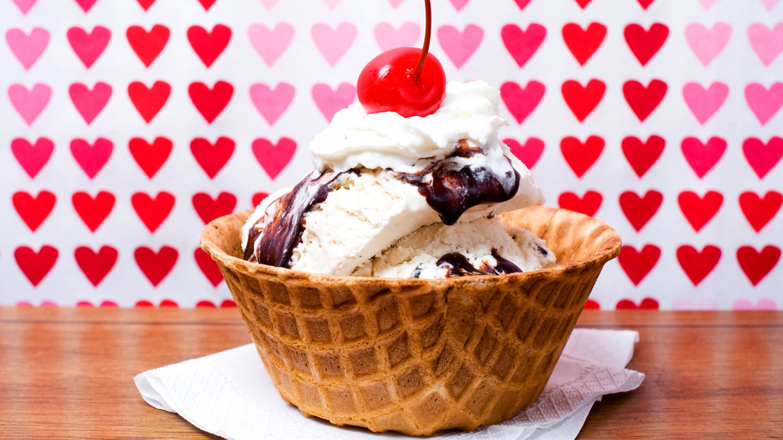 Ice cream sundae in waffle bowl