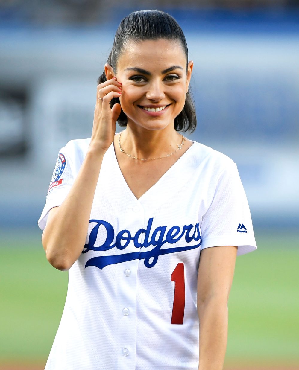 Mila Kunis Wears K Kane Necklace to Throw Dodgers Pitch