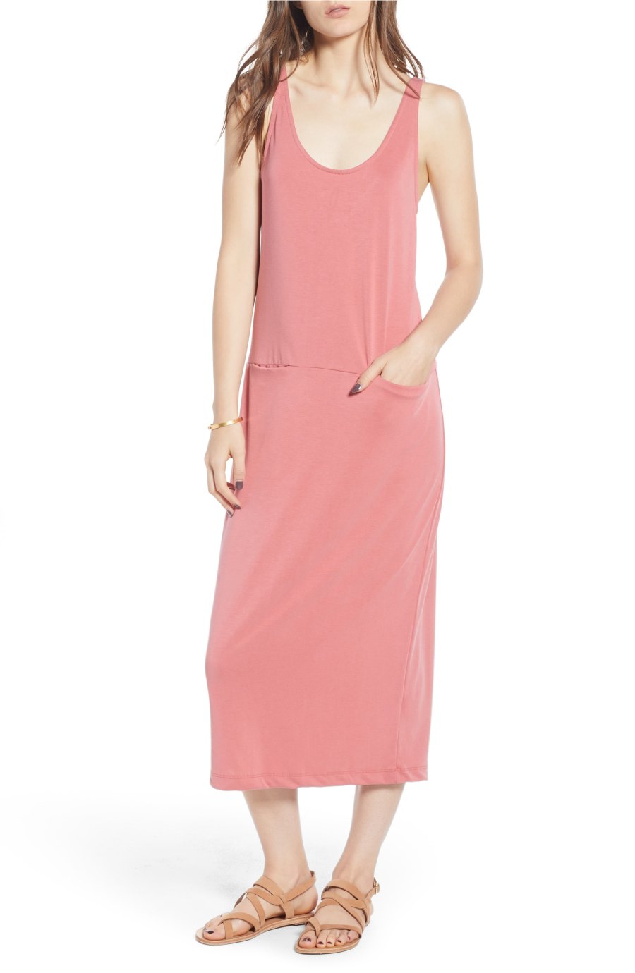 pink midi dress with pockets