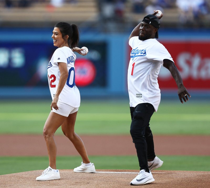 Kourtney Kardashian throws out the ceremonial first pitch prior to the MLB game at Dodger Stadium.