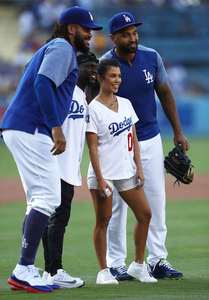 Kourtney Kardashian throws out the ceremonial first pitch prior to the MLB game at Dodger Stadium.