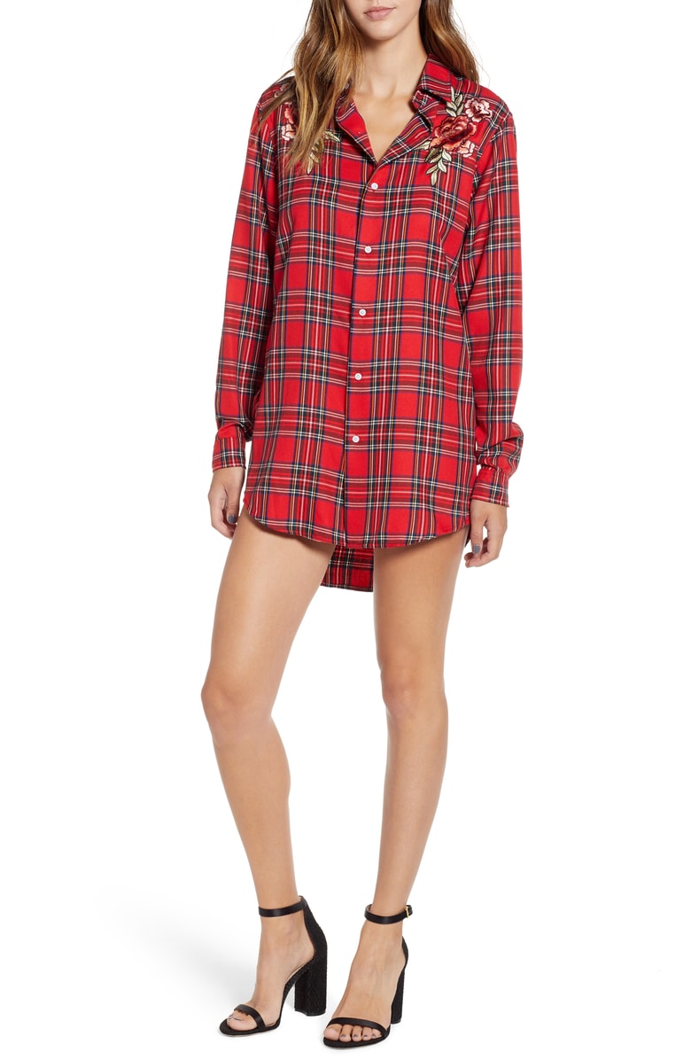 Kendall +Kylie Embroidered Plaid Shirtdress