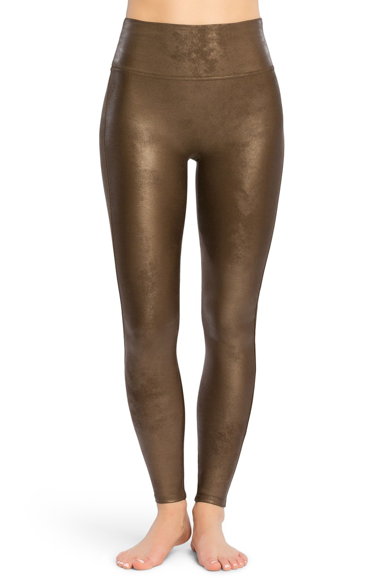 faux leather leggings spanx bronze metal