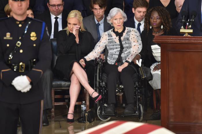 Roberta McCain, age 106, mother of the late US Senator John McCain, and granddaughter Meghan McCain attend the ceremony honoring Senator McCain at the US Capitol Rotunda on August 31, 2018 in Washington, DC.