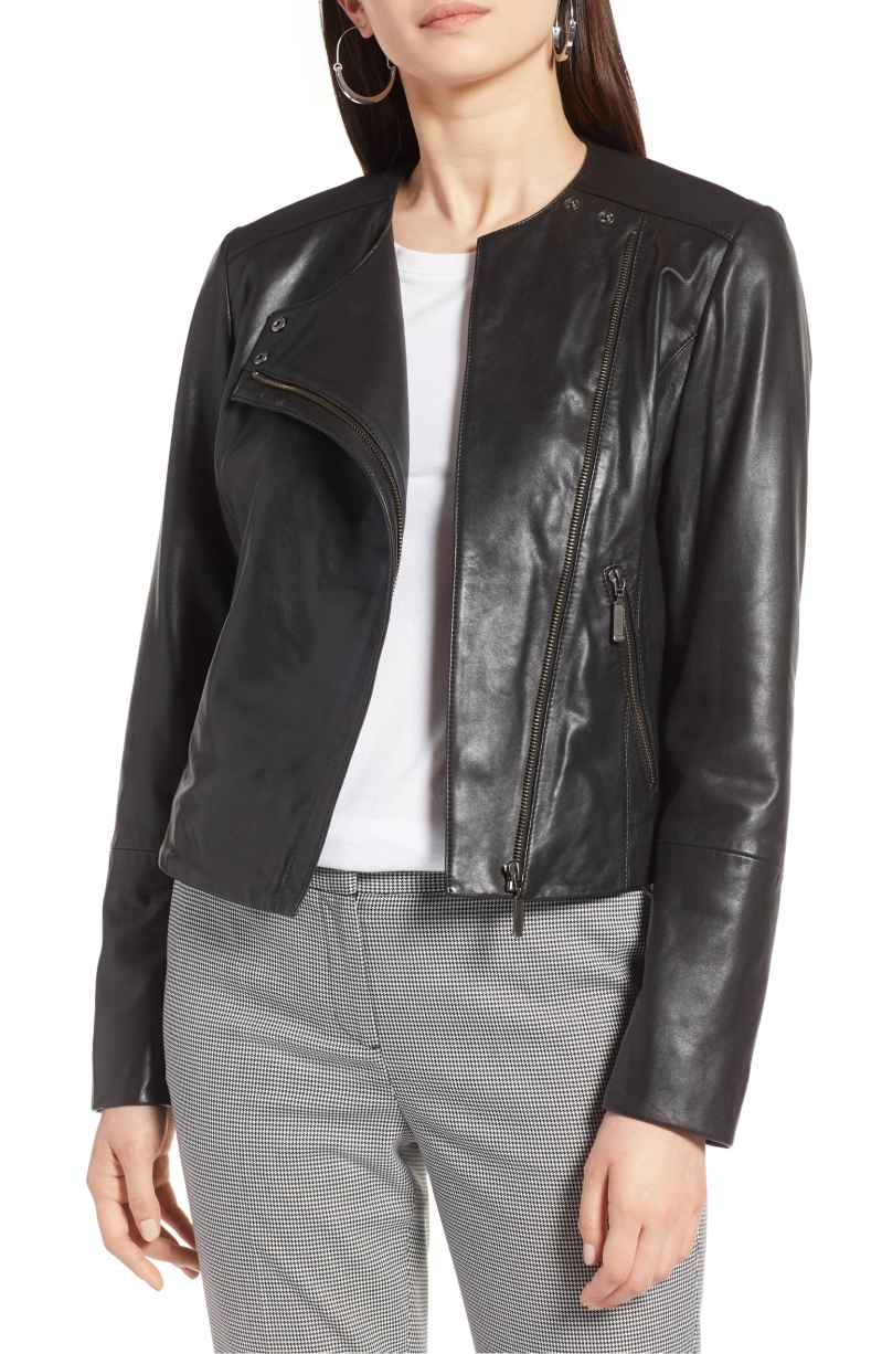 halogen collarless leather jacket