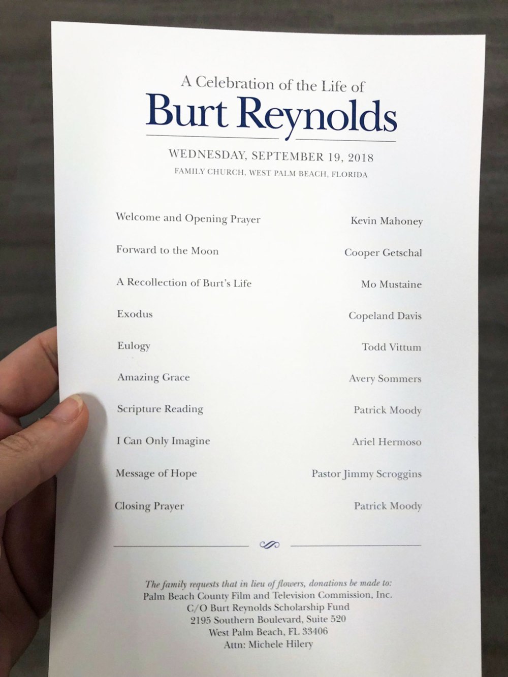 Burt Reynolds&rsquo; funeral program