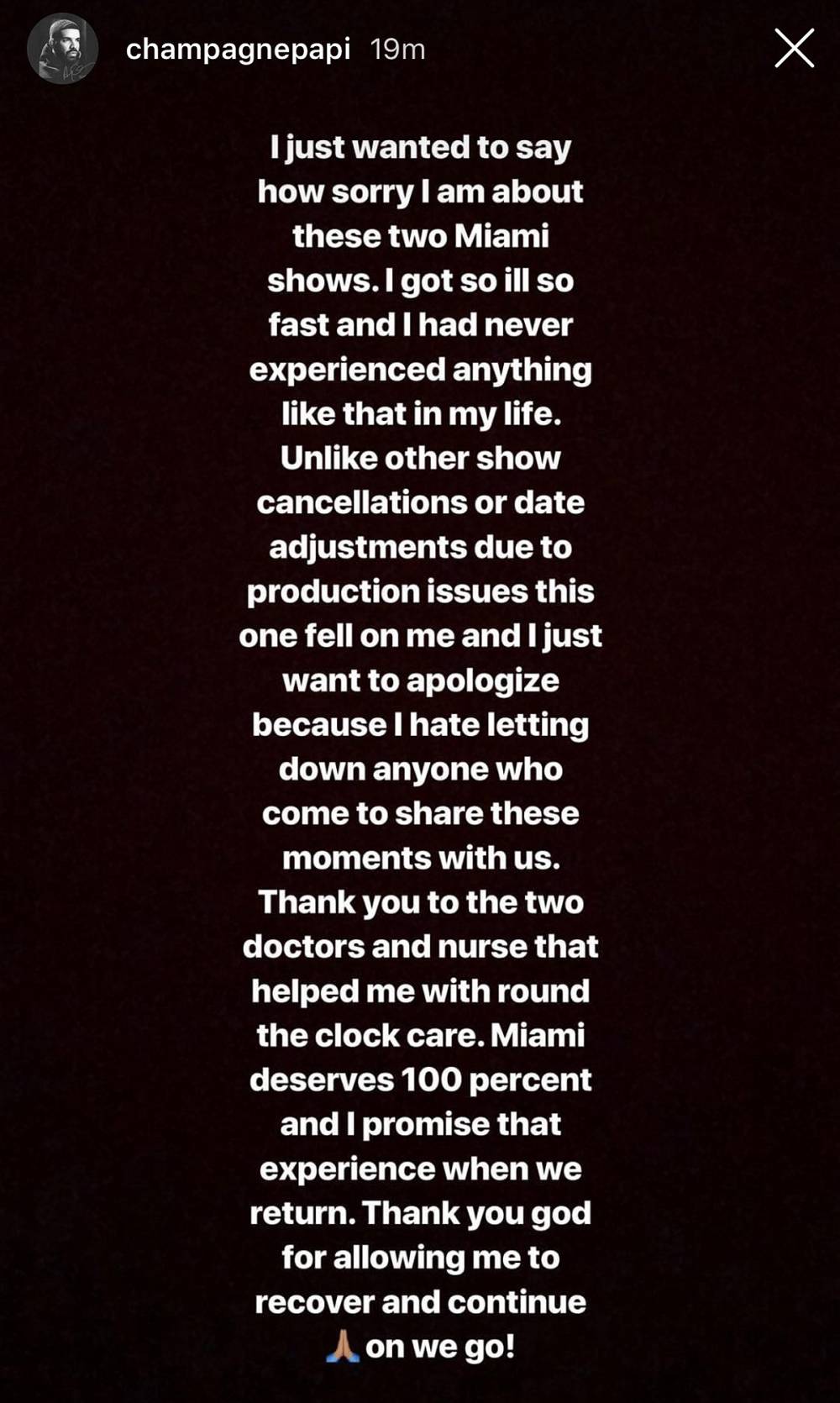 Drake, Show, Cancelled, Illness, Instagram Story