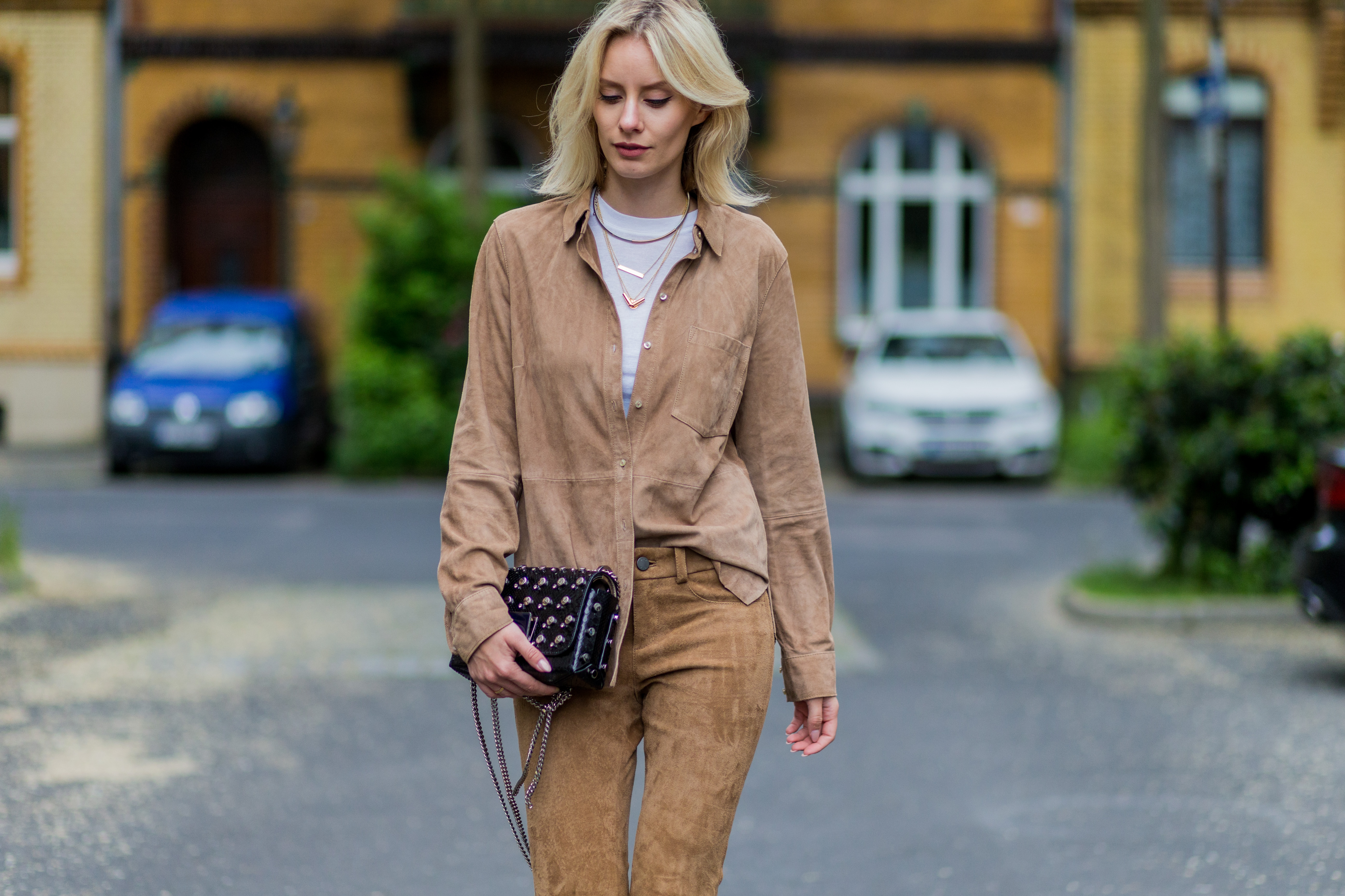 Vila Petite suede trousers with pintuck front in camel  ASOS