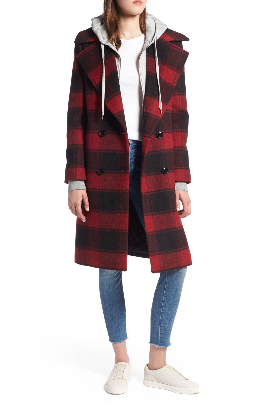 Kendall +Kylie Double Breasted Plaid Wool Blend Coat