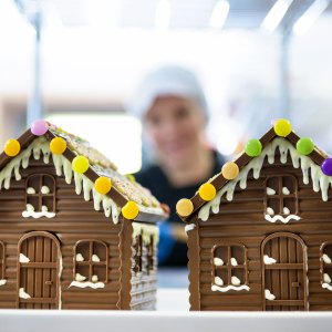 Close up of chocolate houses made in sweet factory
