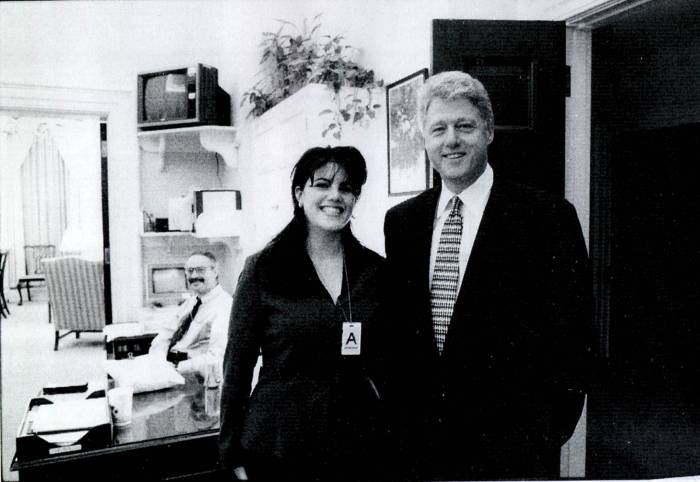 Former White House intern Monica Lewinsky meeting President Bill Clinton at a White House function.