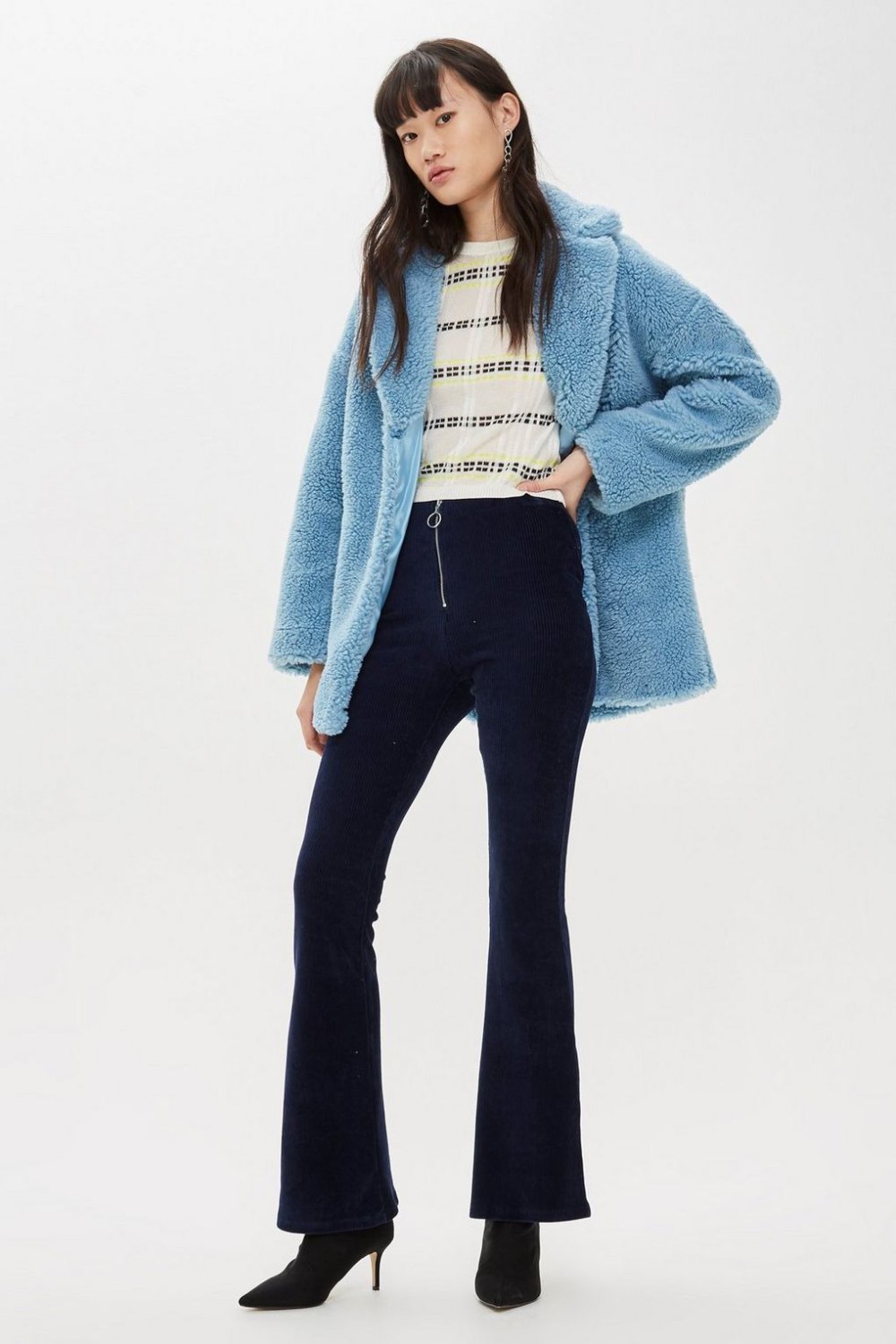 navy corduroy flared wide legged pants topshop