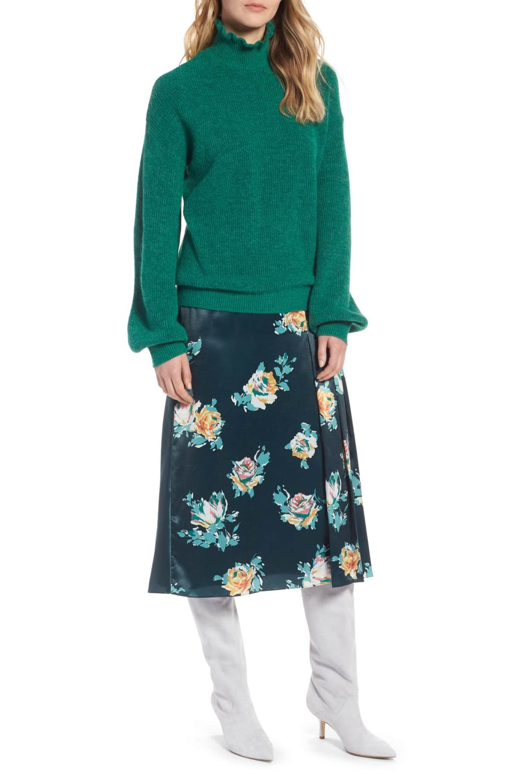 green ruffle turtleneck sweater