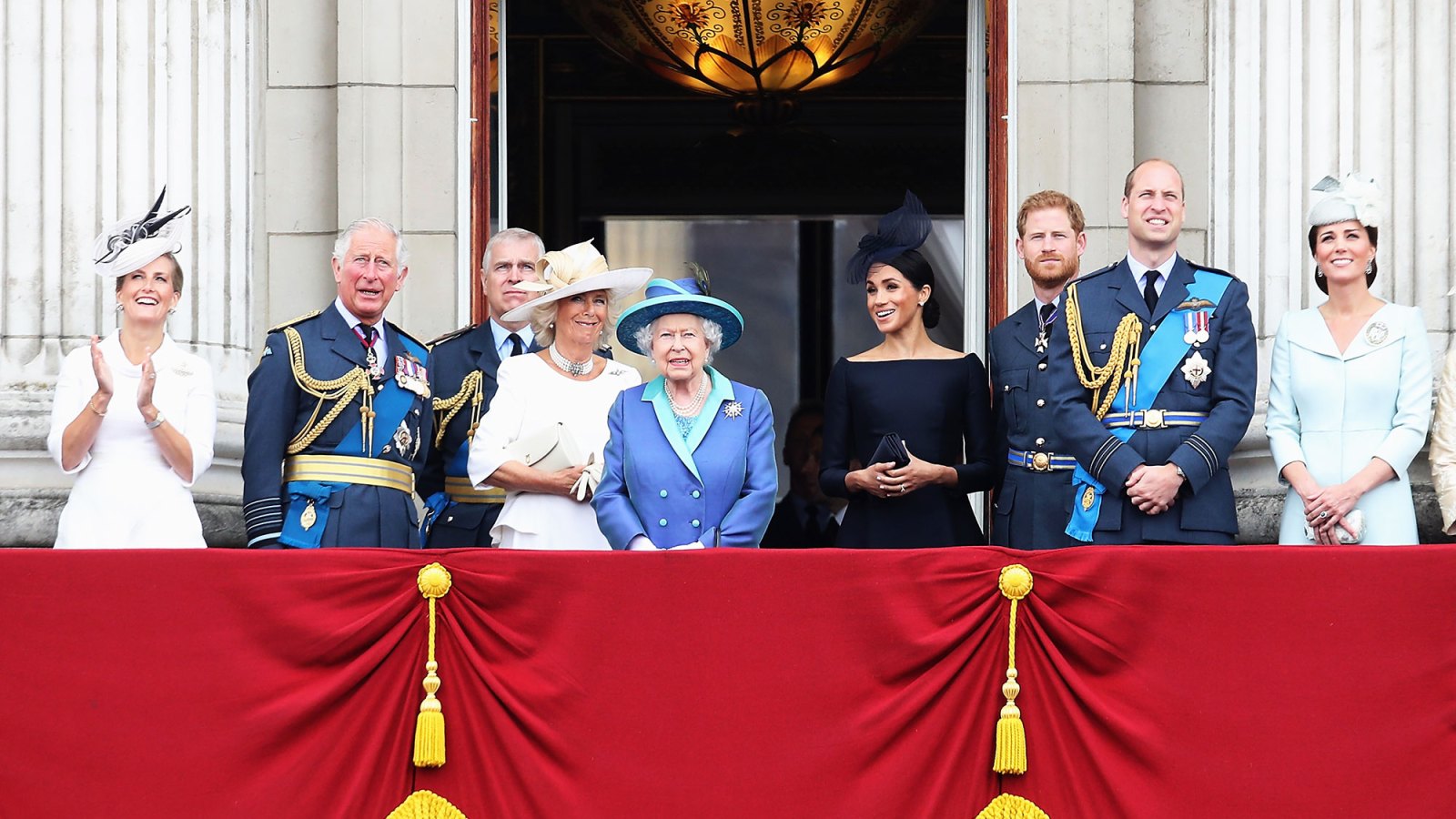 Prince Charles, Prince of Wales, Prince Andrew, Duke of York, Camilla, Duchess of Cornwall, Queen Elizabeth II, Meghan, Duchess of Sussex, Prince Harry, Duke of Sussex, Prince William, Duke of Cambridge and Catherine, Duchess of Cambridge