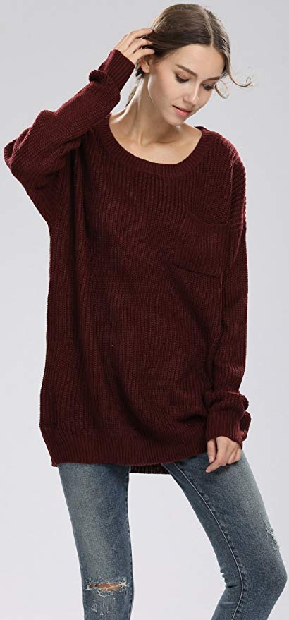 Alinfu Women&rsquo;s Casual Unbalanced Crew Neck Knit Sweater Loose Pullover Cardigan