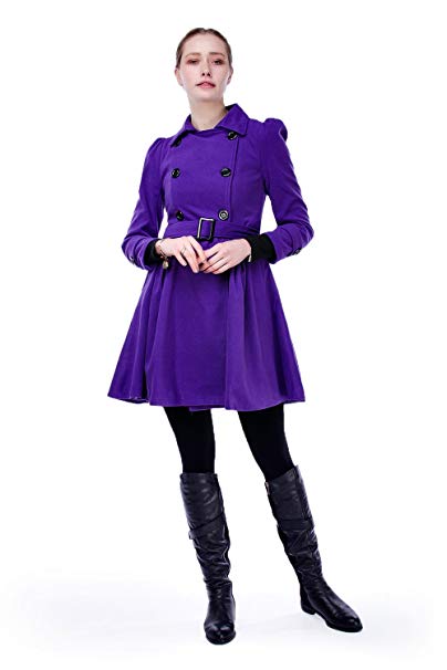ForeMode Women Swing Double Breasted Wool Pea Coat with Belt Buckle S