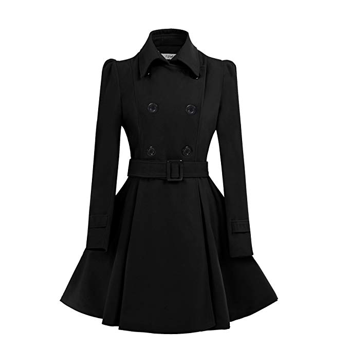 ForeMode Women Swing Double Breasted Wool Pea Coat with Belt Buckle S