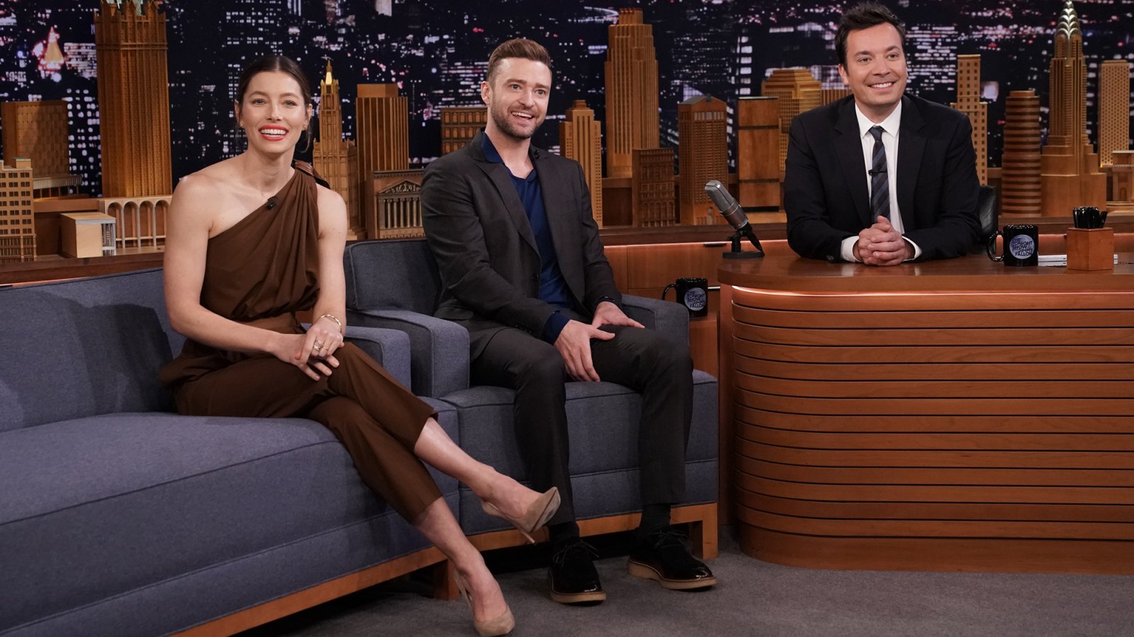 Jessica Biel and Justin Timberlake during an interview with host Jimmy Fallon.