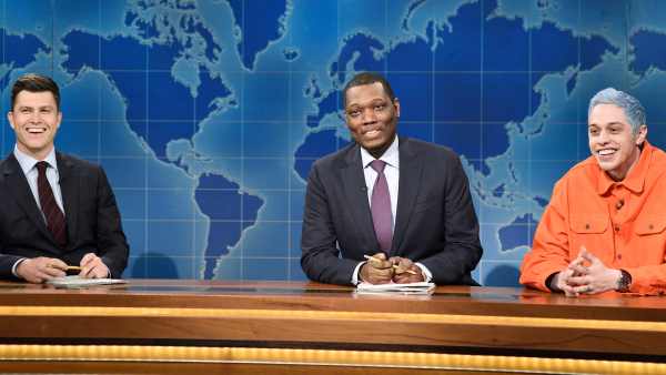 Colin Jost and Michael Che with Pete Davidson during "Weekend Update."