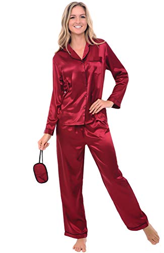 Alexander Del Rossa Womens Solid Color Satin Pajamas, Long Button-Down Pj Set and Mask