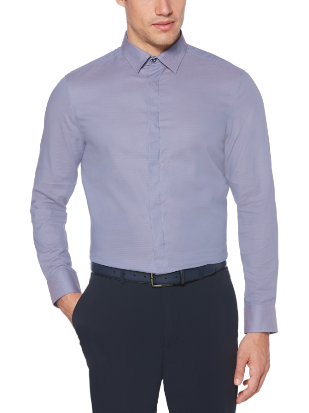 a light blue perry ellis dress shirt on a guy model wearing dark pants and a belt