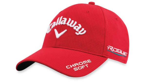 a red golf cap shaped like a baseball cap with white writing on it