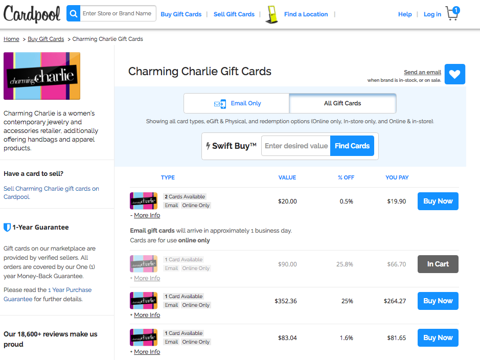 charming charlie gift card cardpool