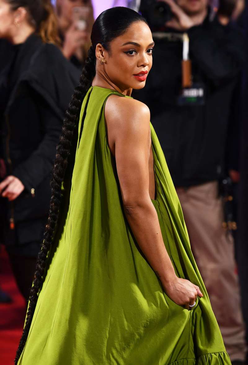 Tessa-Thompson-long-braid-green-gown