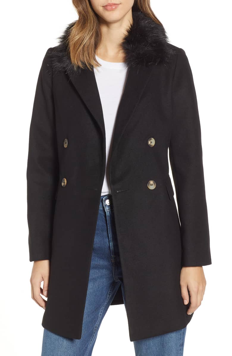 black faux fur collar coat