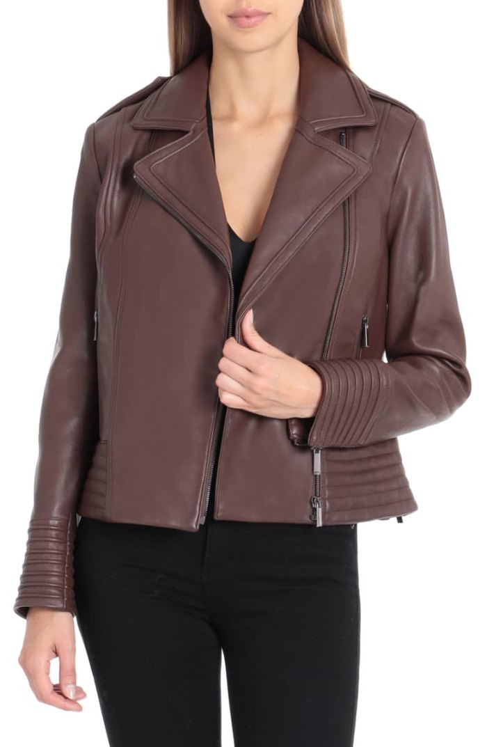 brown leather jacket badgley mischka