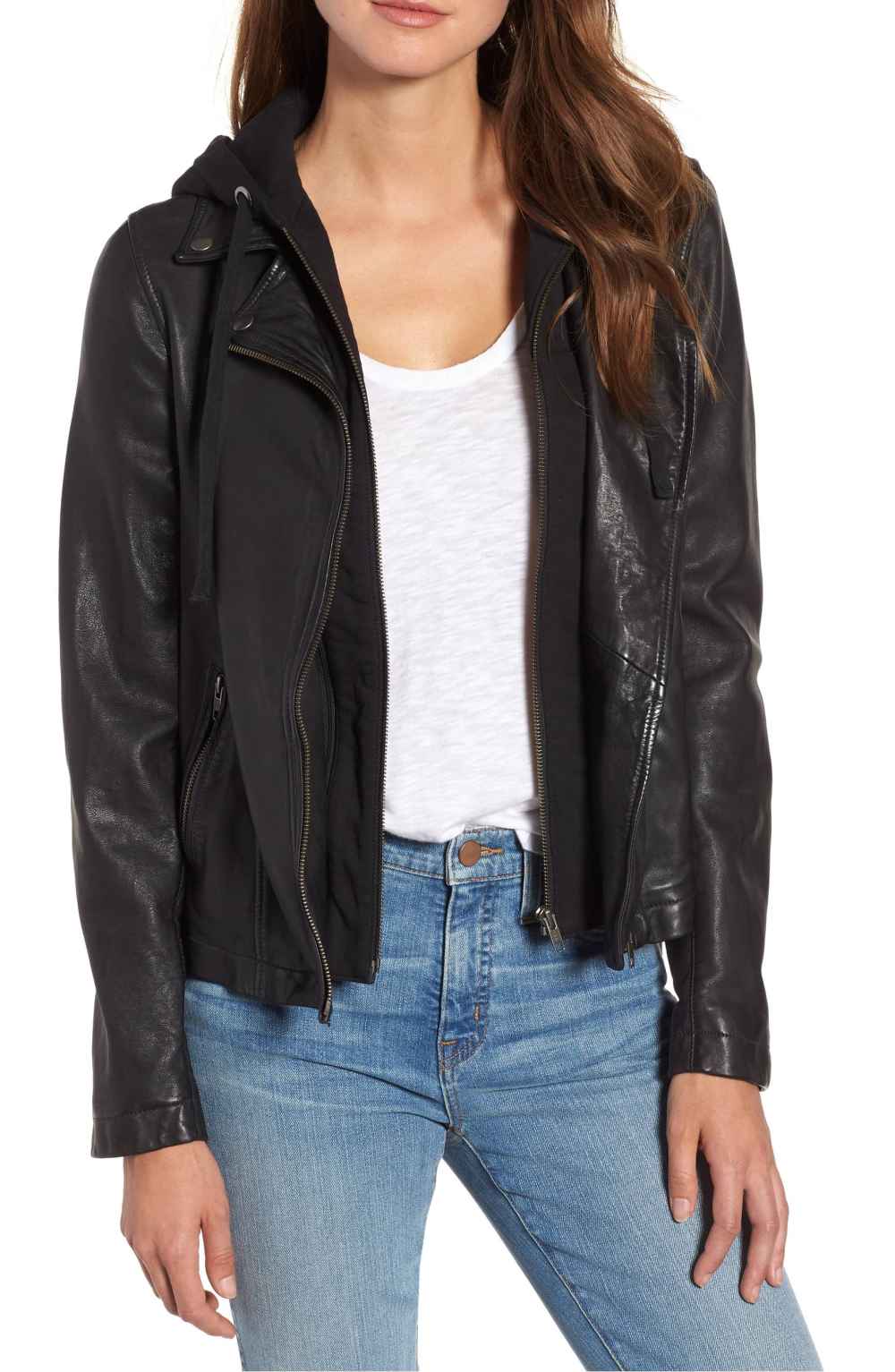 caslon leather jacket with a removable hood