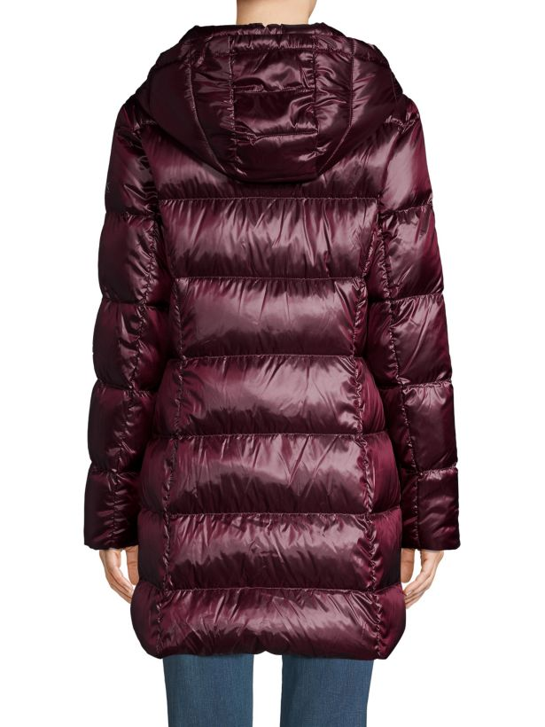 donna karan puffer coat with hood in burgundy color