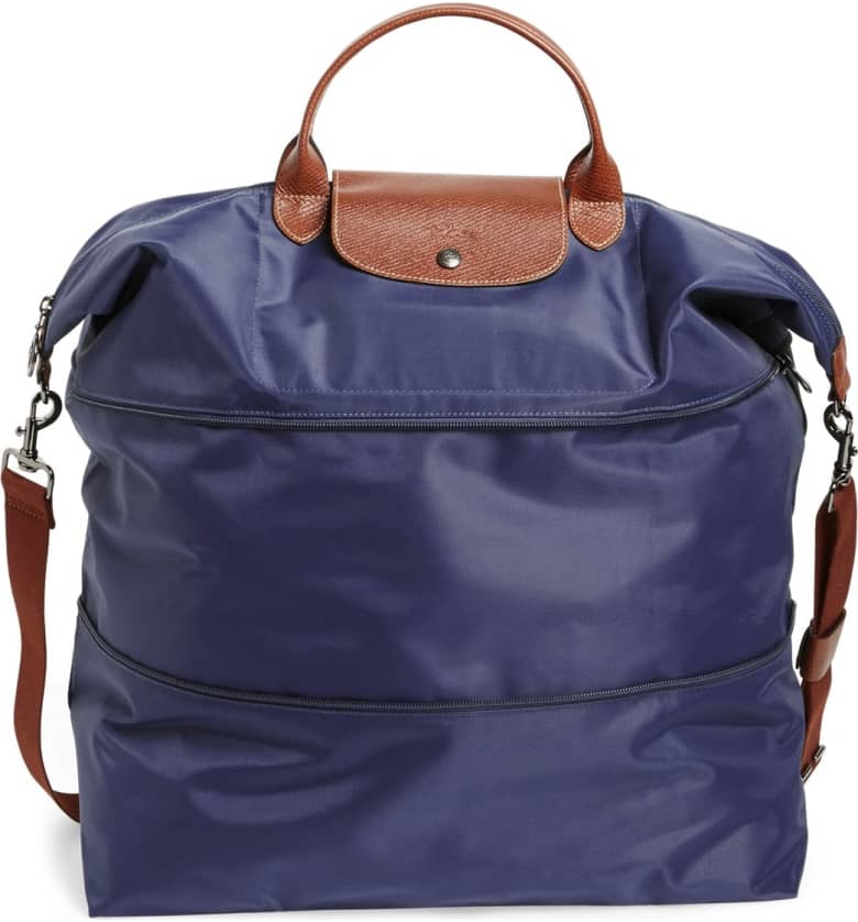 expandable bag in blue and brown by longchamp
