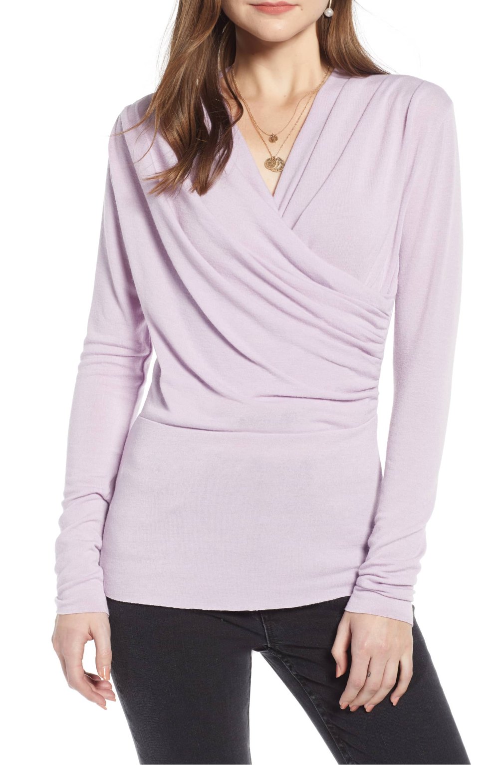 faux wrap top in purple bloom