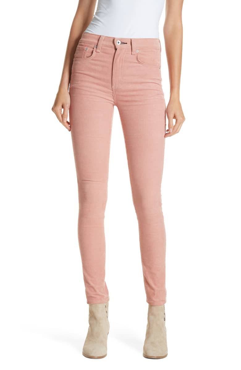 rag & bone high waist corduroy skinny pants in pink
