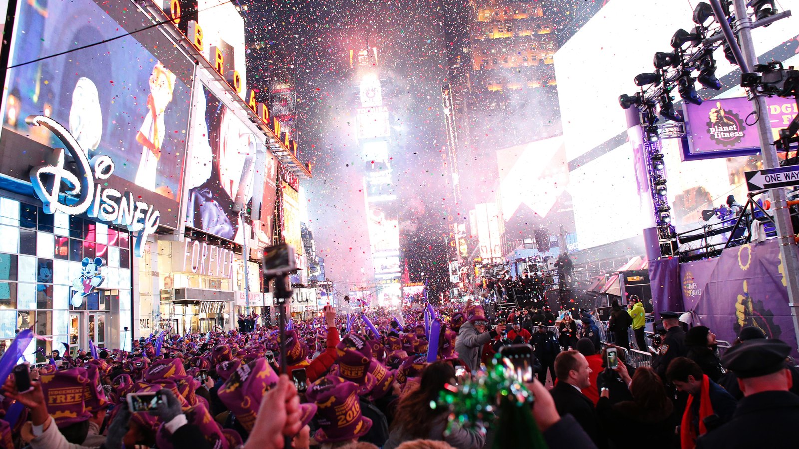 Revelers celebrate after the ball drop during New Year's Eve celebrations in Times Square