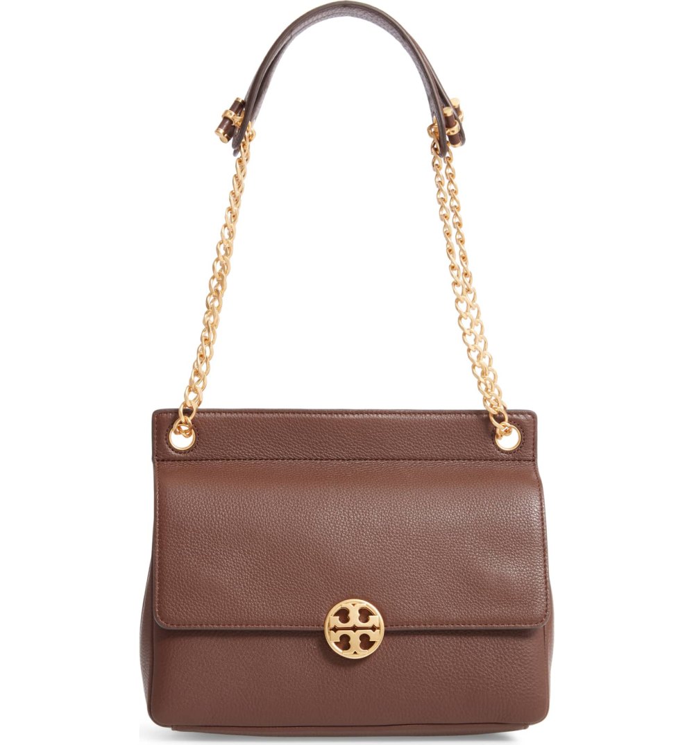 tory burch chelsea flap leather shoulder bag in a brown color with gold hardware