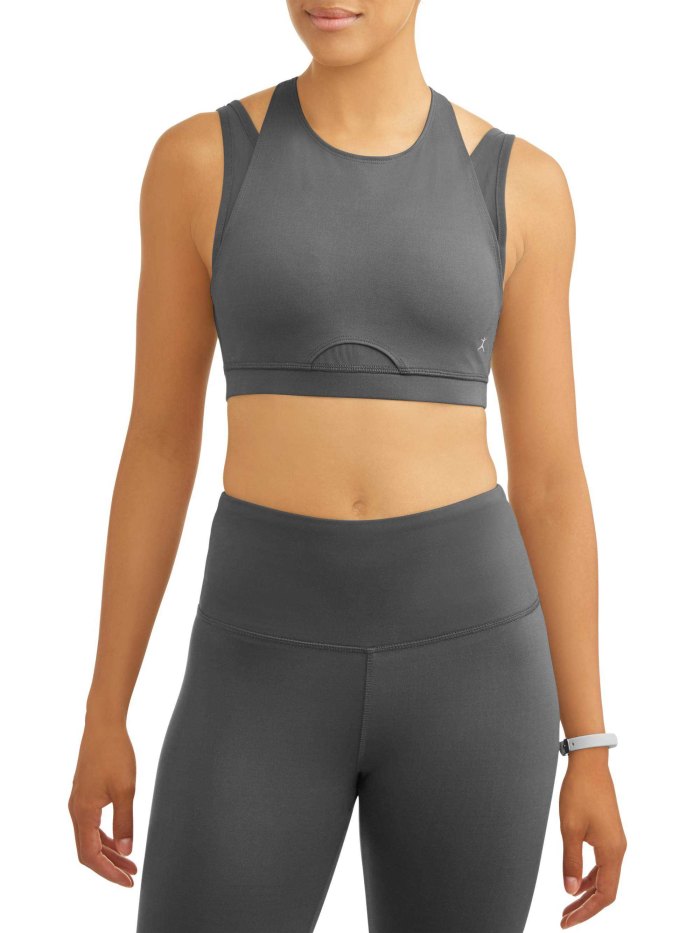 model wearing grey sports bra from walmart