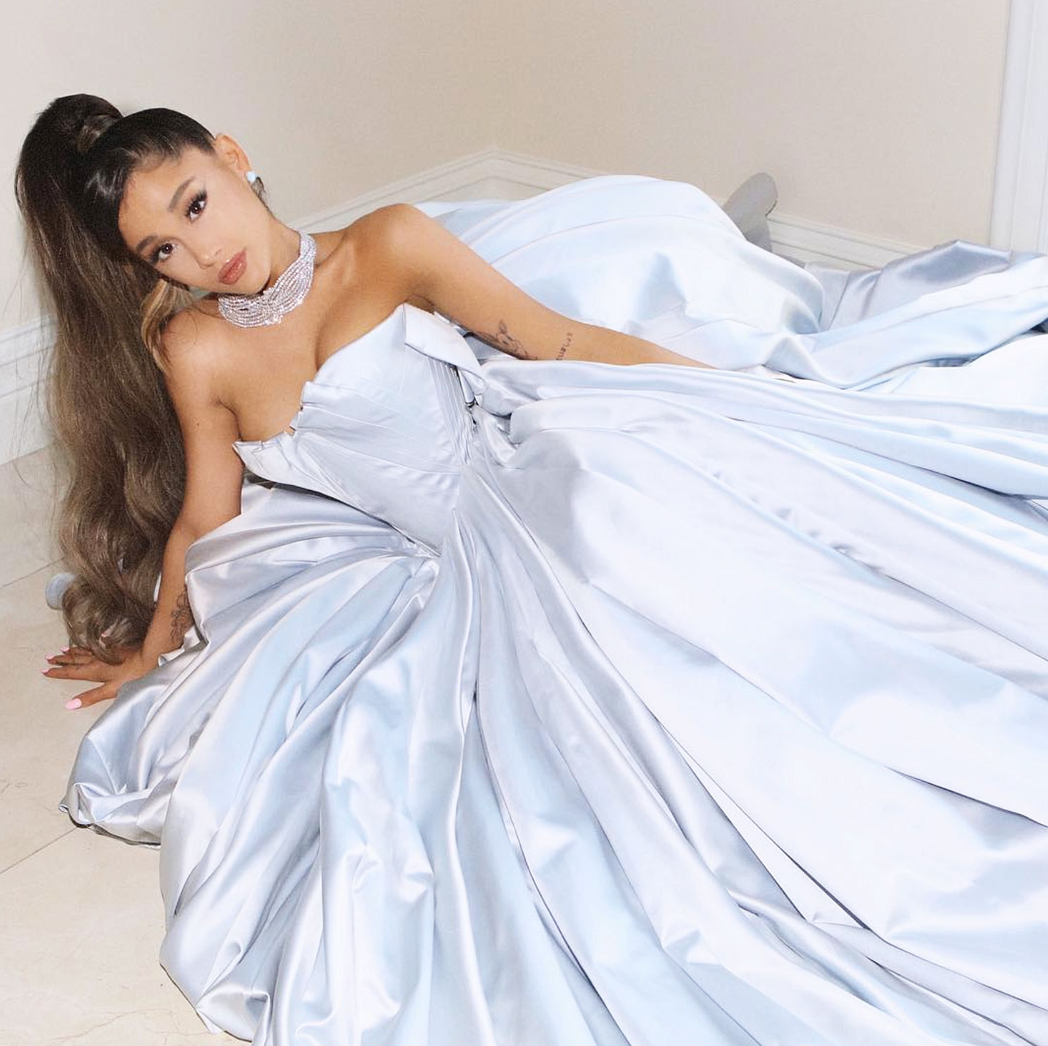 Grammys 2019: Ariana Grande Lounges at Home in Custom Dress