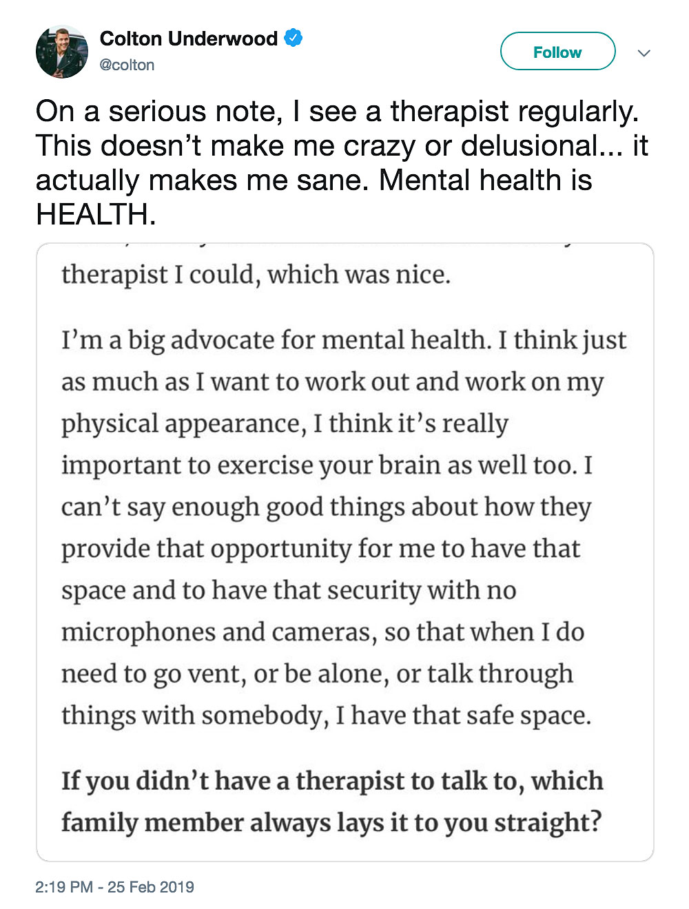 Colton Underwood Reveals He Sees a Therapist ‘Regularly’: ‘Mental Health Is Health’
