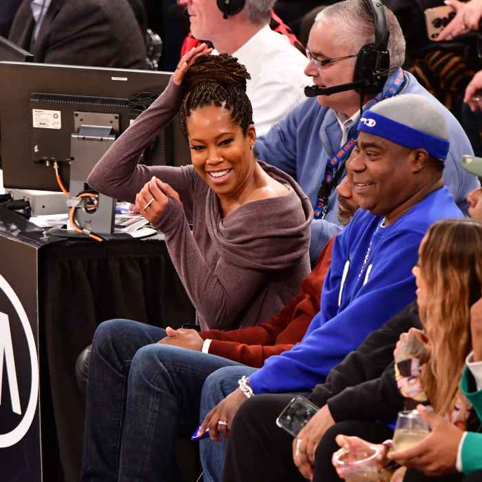 Regina King Is Nearly Taken Out by 76ers Player Joel Embiid at Basketball Game