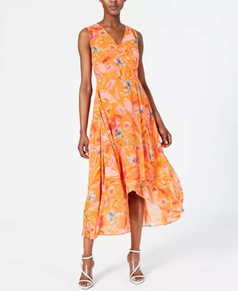Calvin Klein Floral-Print High-Low Wrap Maxi Dress