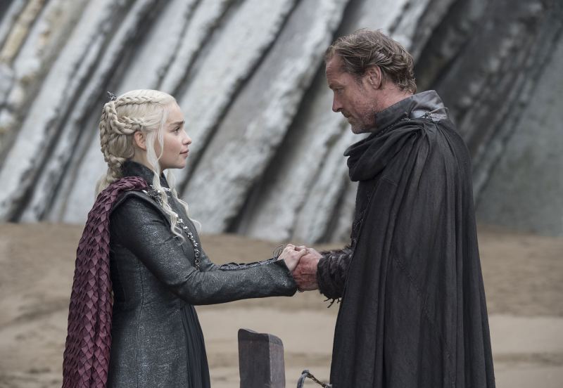Game of Thrones braids hairstyles hair Emilia Clarke, Iain Glen.