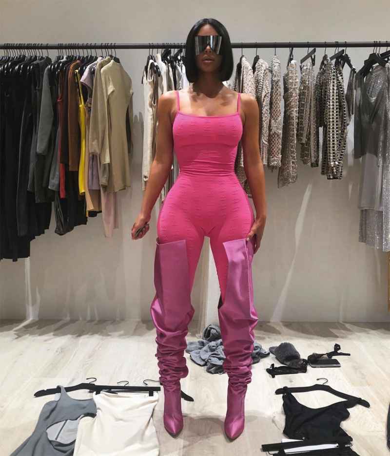 Kim Kardashian fittings pink chanel jumpsuit pink thigh high boots