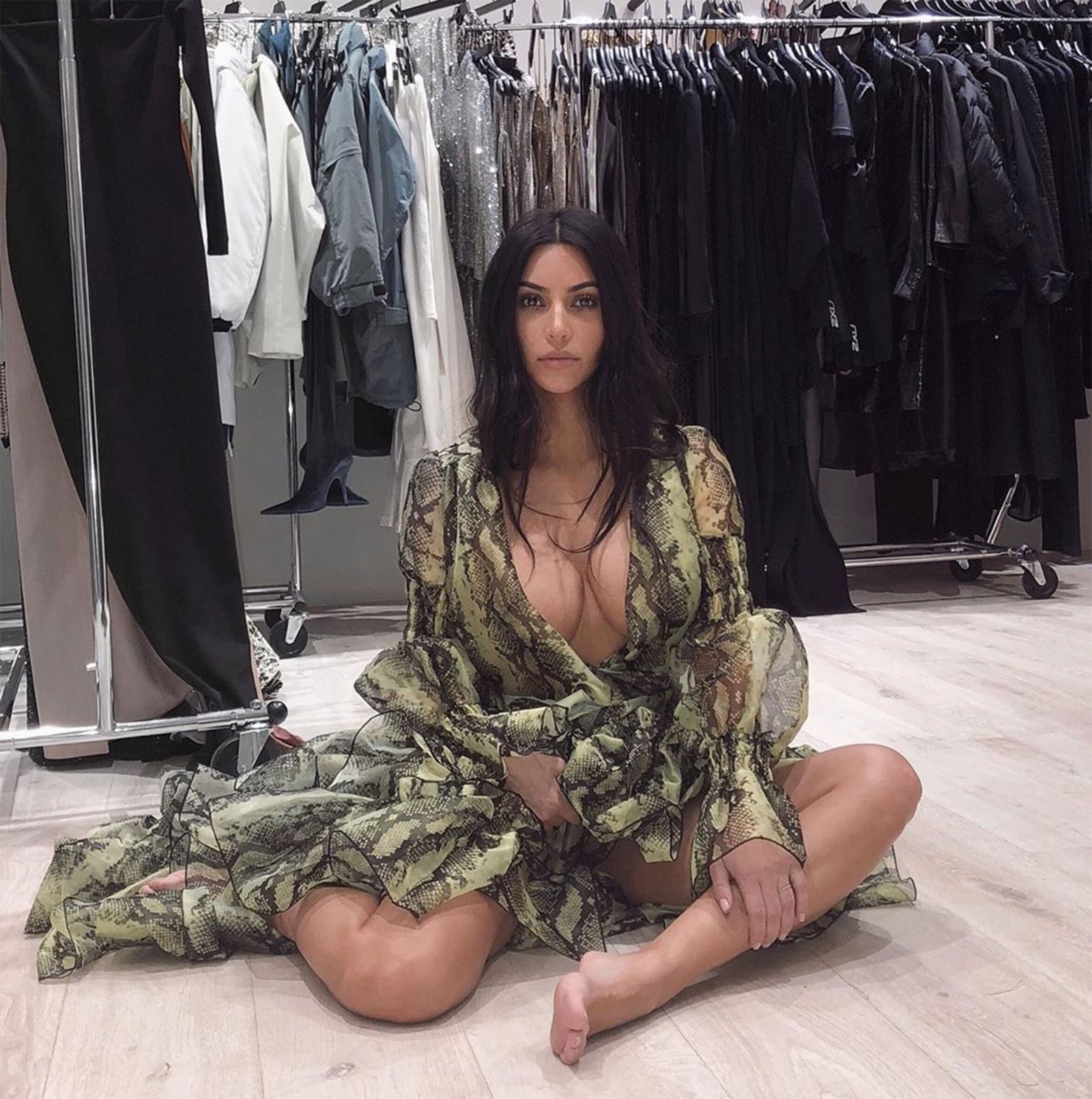 Kim Kardashian fittings snakeskin pattern dress