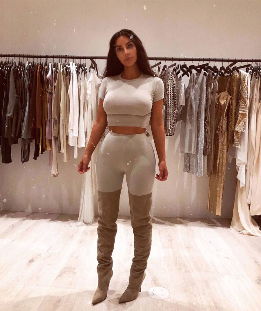 Kim Kardashian fittings thigh high boots grey outfit