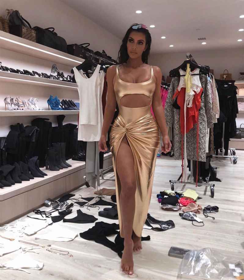Kim Kardashian fittings gold dress